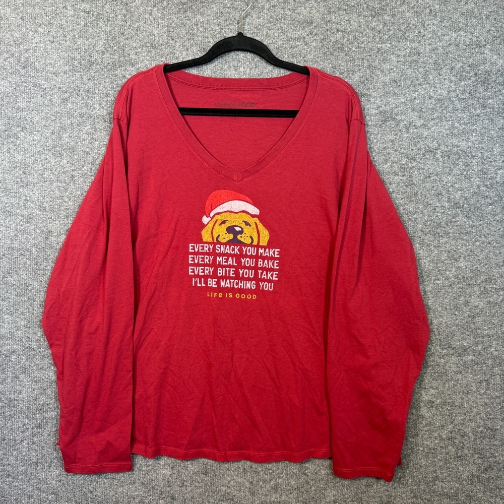 Life Is Good Shirt Womens XXXL Red Tshirt Santa Dog Christmas Holiday Funny Xmas